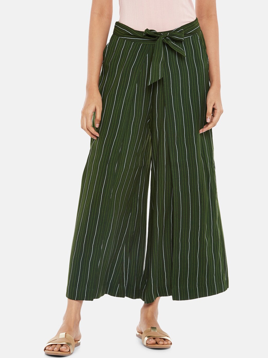 

People Women Olive Green Striped Flared High-Rise Culottes