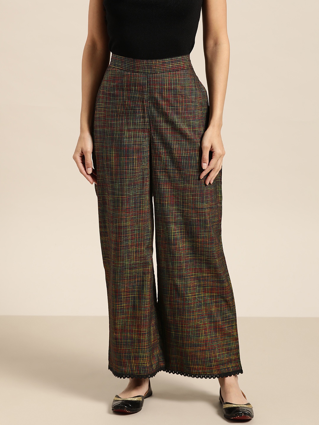 

Sangria Women Black & Yellow Checked Ethnic Wide Leg Palazzos