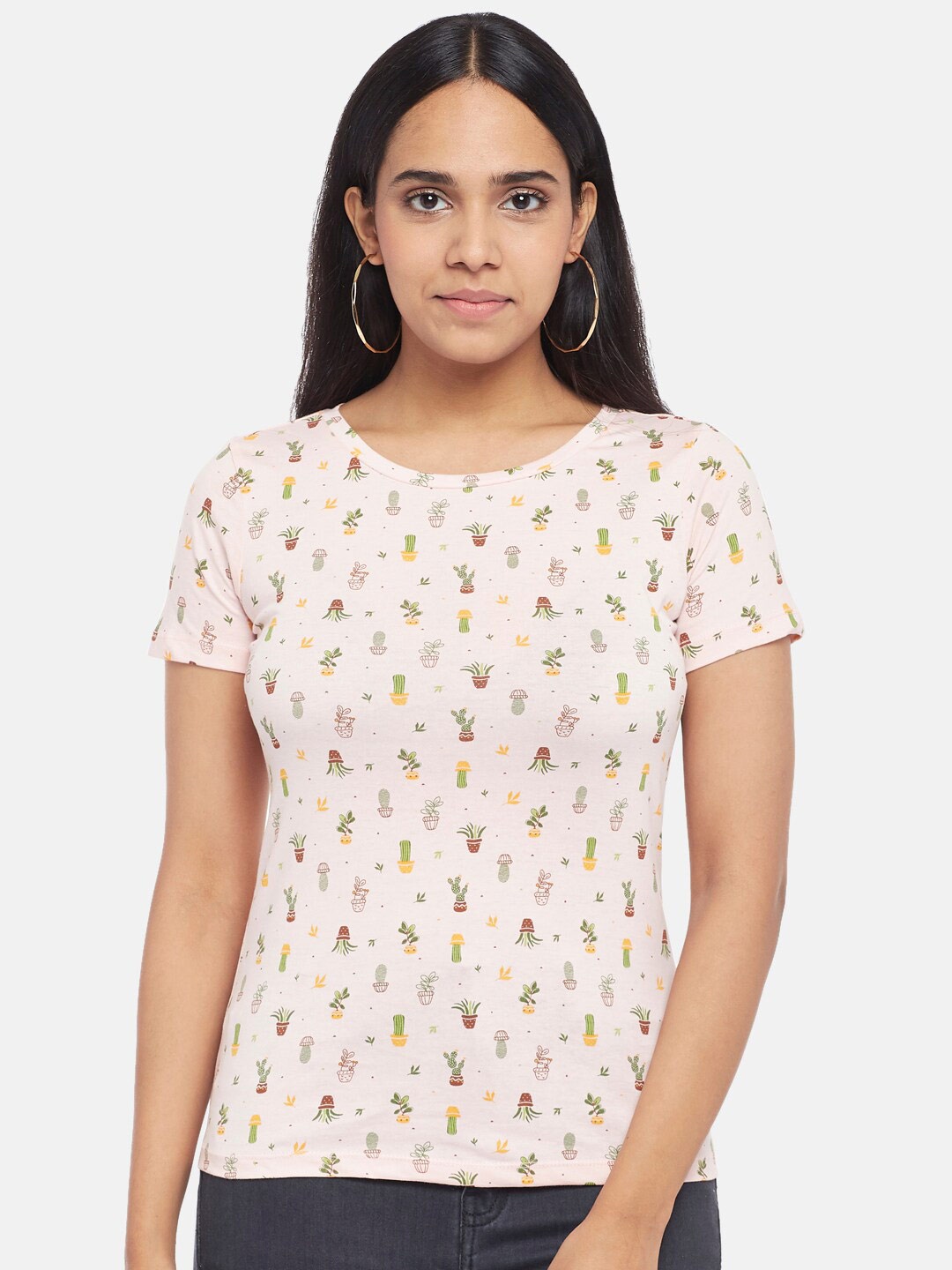 

Honey by Pantaloons Women Pink Floral Printed Henley Neck Pockets T-shirt