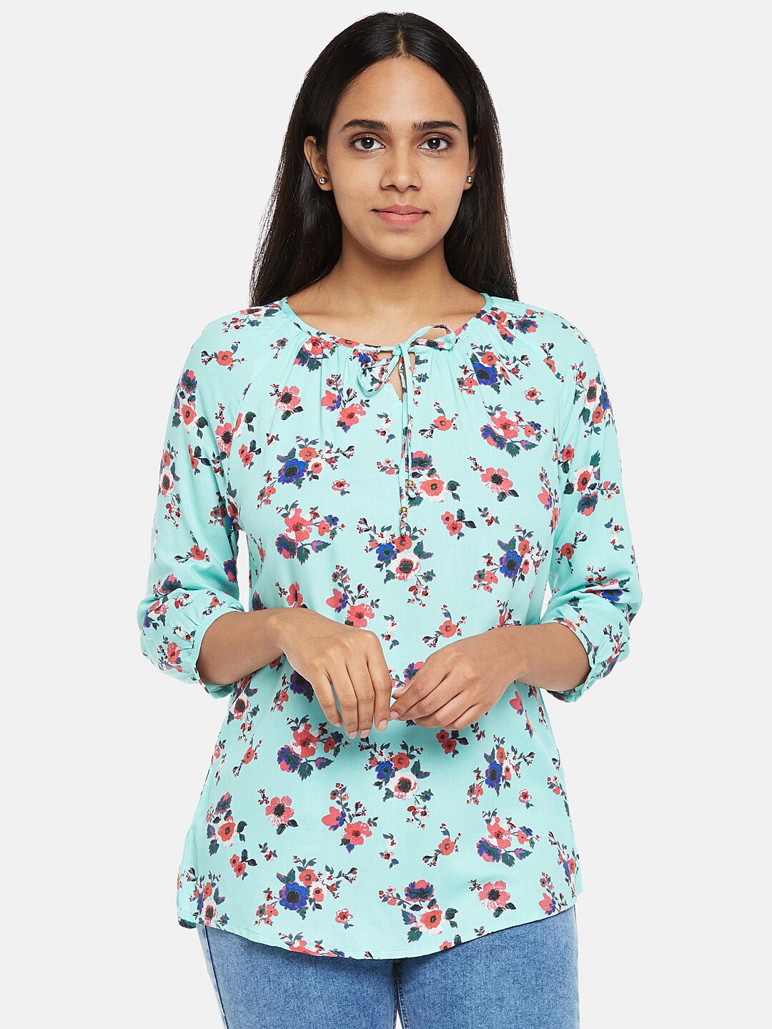 

Honey by Pantaloons Women Turquoise Blue & Green Floral Printed Tunic