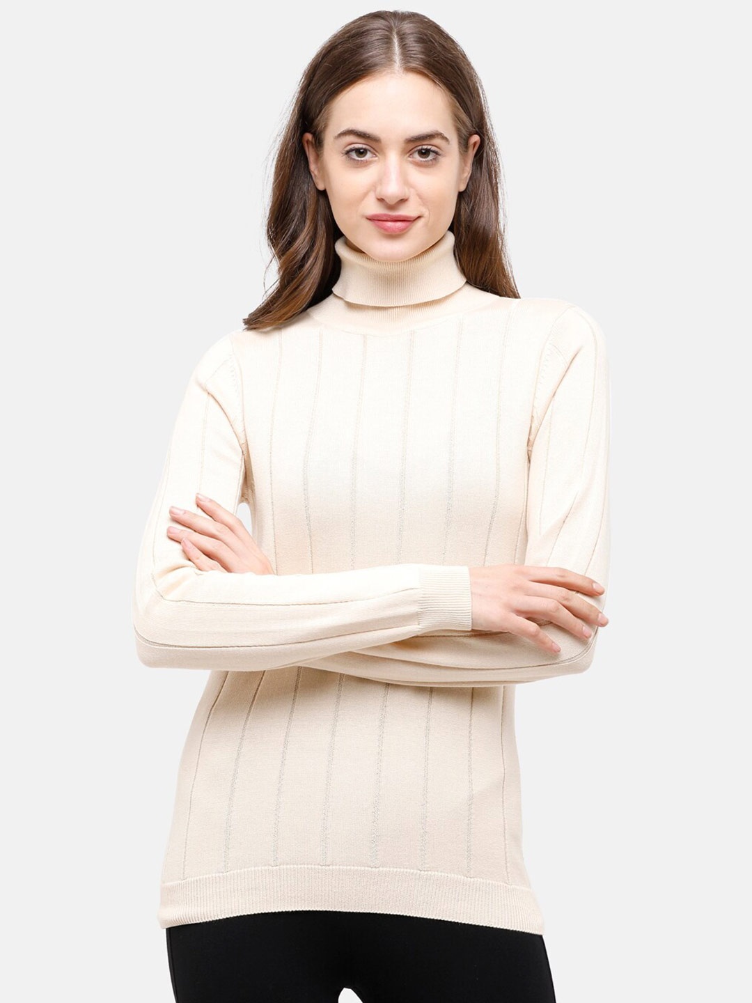 

98 Degree North Women Cream-Coloured Pure Cotton Ribbed Turtle Neck Sweatshirt