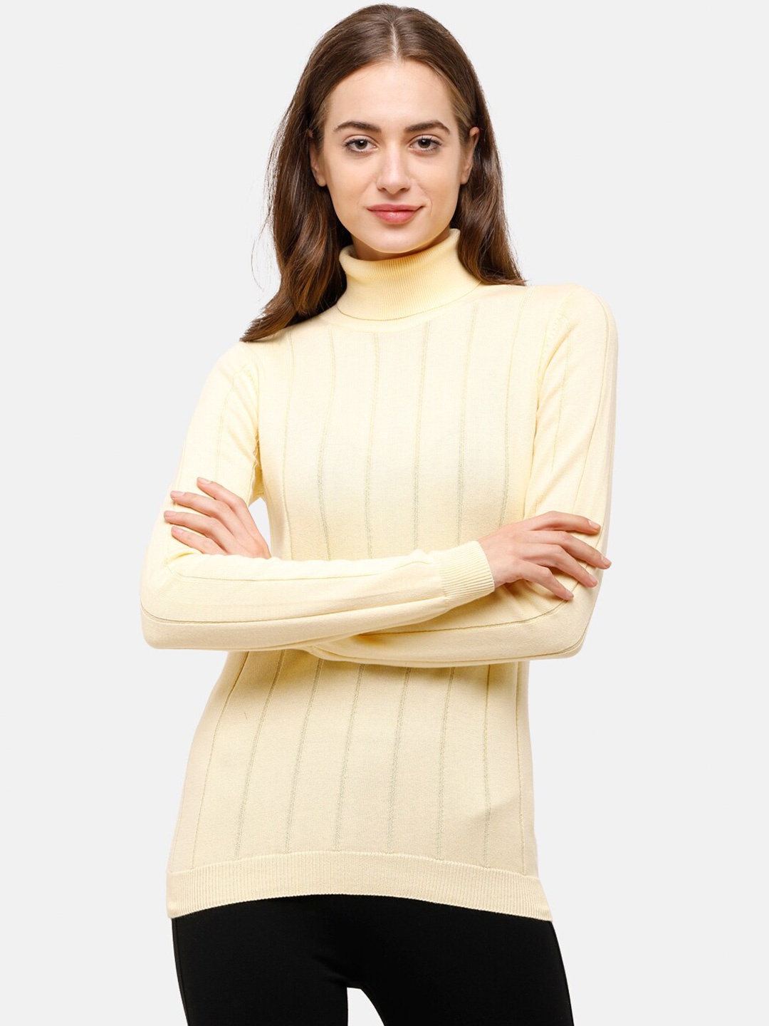 

98 Degree North Women Yellow Striped Pullover Sweater