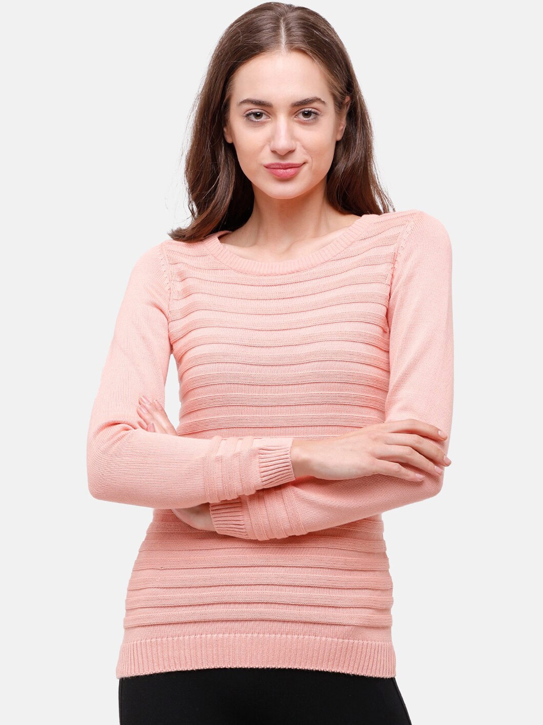 

98 Degree North Women Pink Pure Cotton Ribbed Pullover Sweatshirt