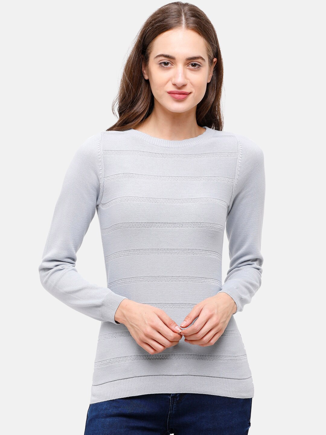 

98 Degree North Women Grey Self Design Pullover