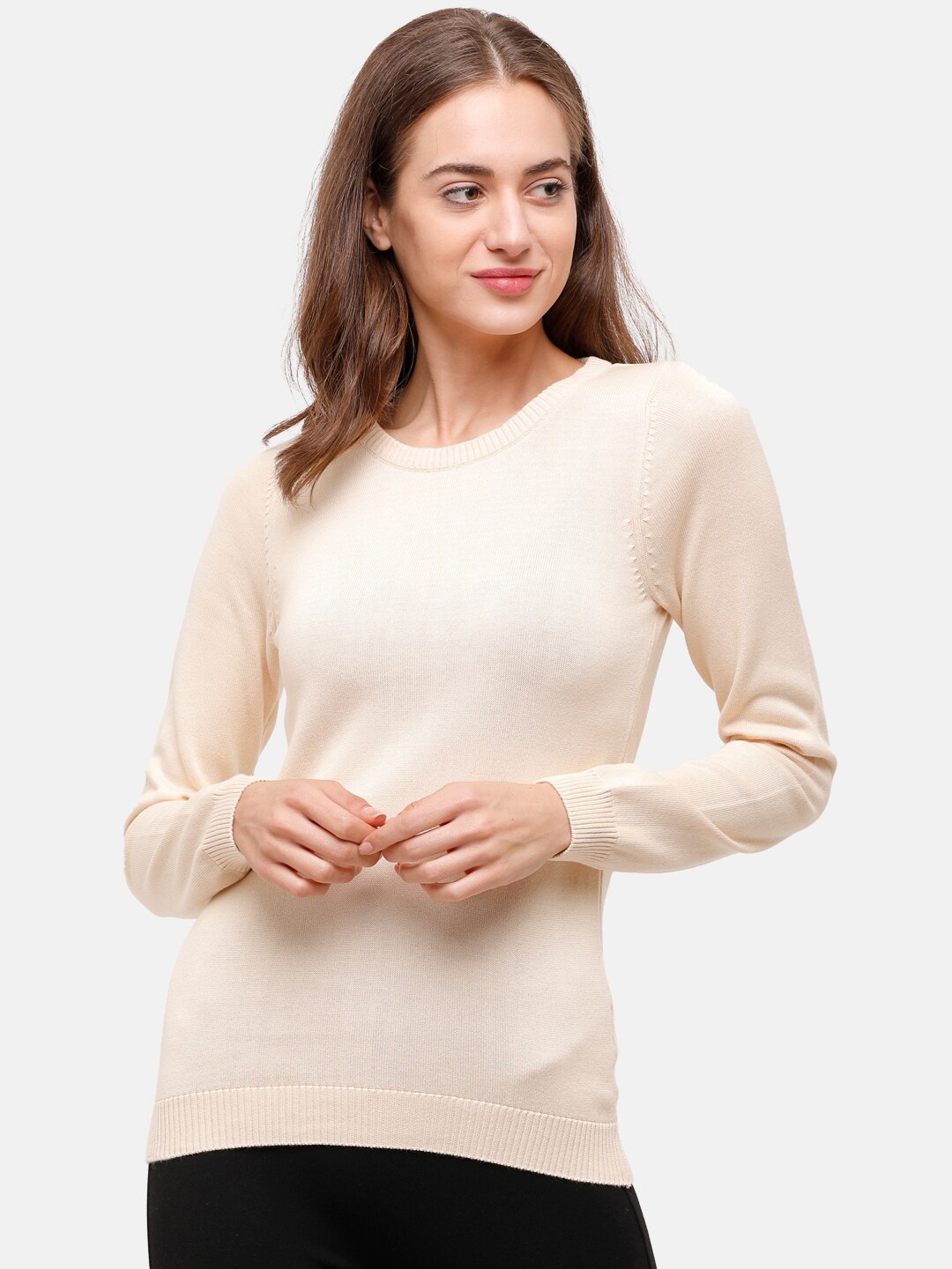 

98 Degree North Women Cream-Coloured Solid Pullover