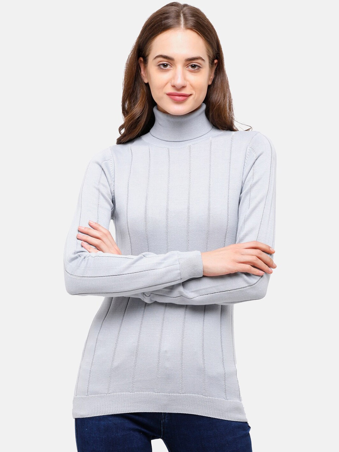 

98 Degree North Women Blue Pure Cotton Ribbed Turtle Neck Pullover Sweatshirt