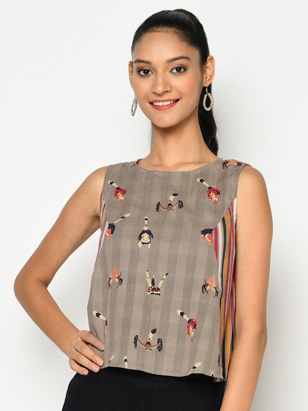 

Fabindia Grey Floral Regular Top