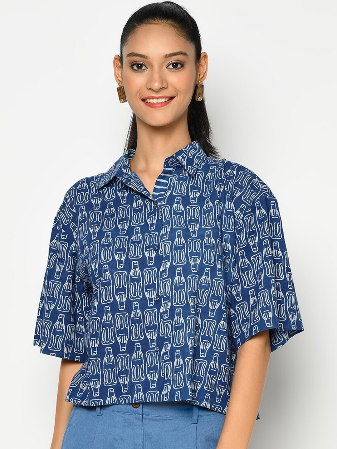 

Fabindia Women Blue Opaque Printed Casual Shirt