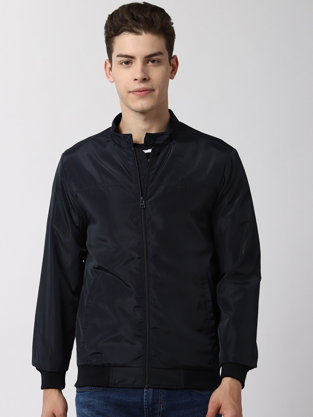 

Peter England Casuals Men Navy Blue Longline Bomber Jacket