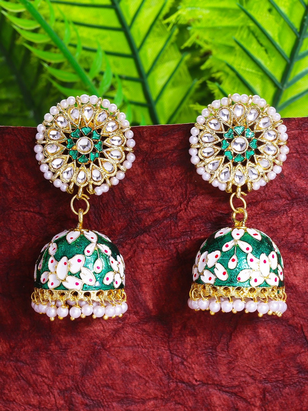 

Yellow Chimes Green & Gold Plated Floral Design Meenakari Jhumka Earrings