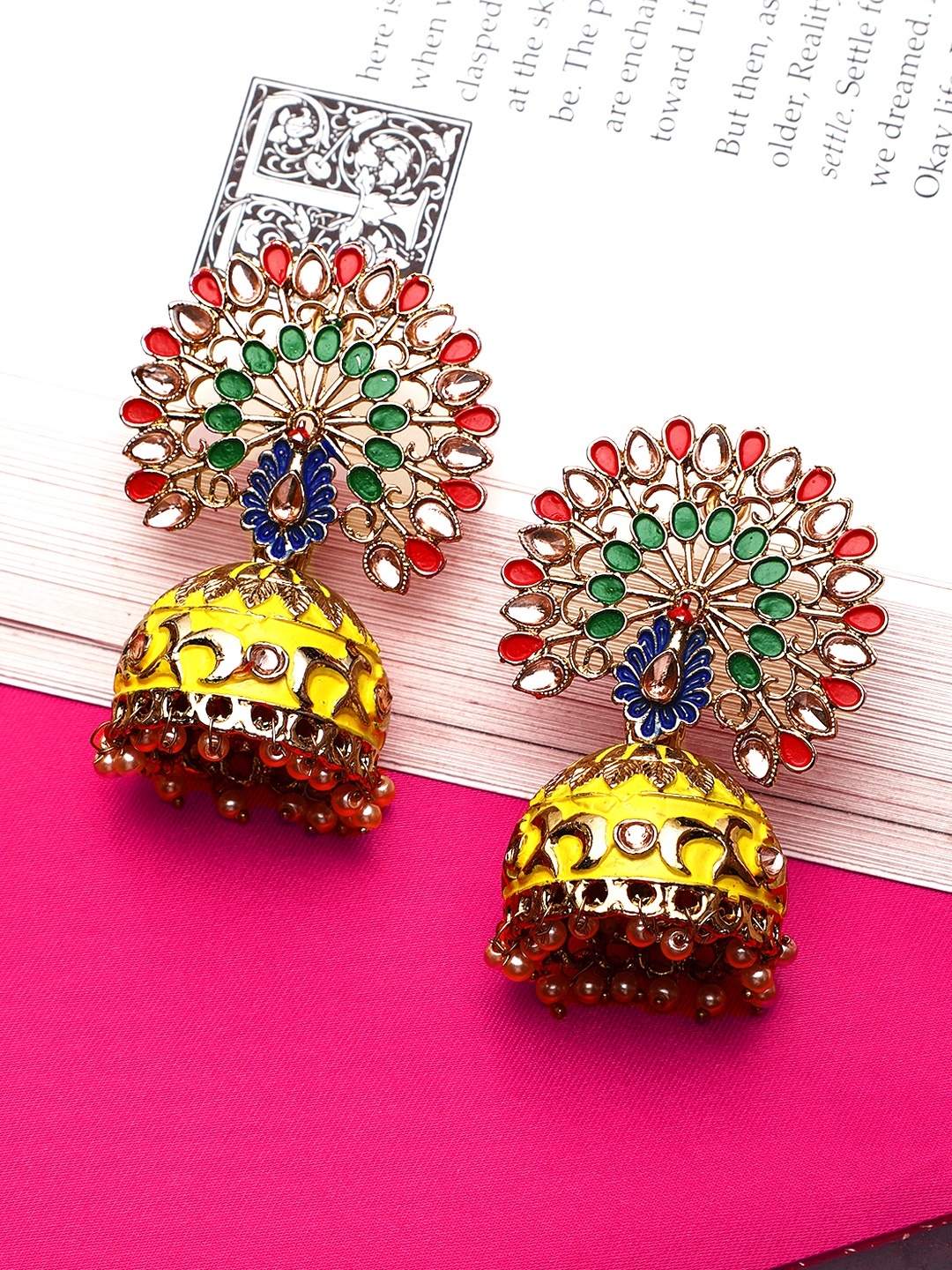 

Yellow Chimes Multicoloured & Gold Plated Meenakari Peacock Design Jhumka Earrings, Multi