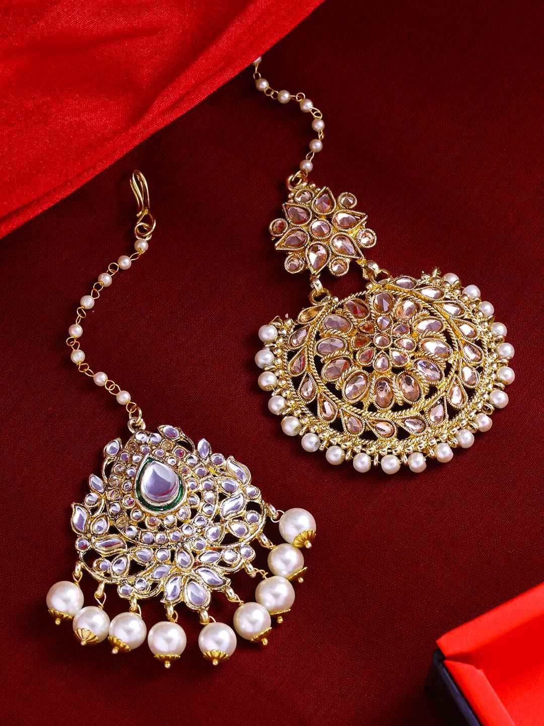 

Yellow Chimes Set Of 2 Gold-Plated Kundan Studded & Beaded Antique Maang Tikkaa