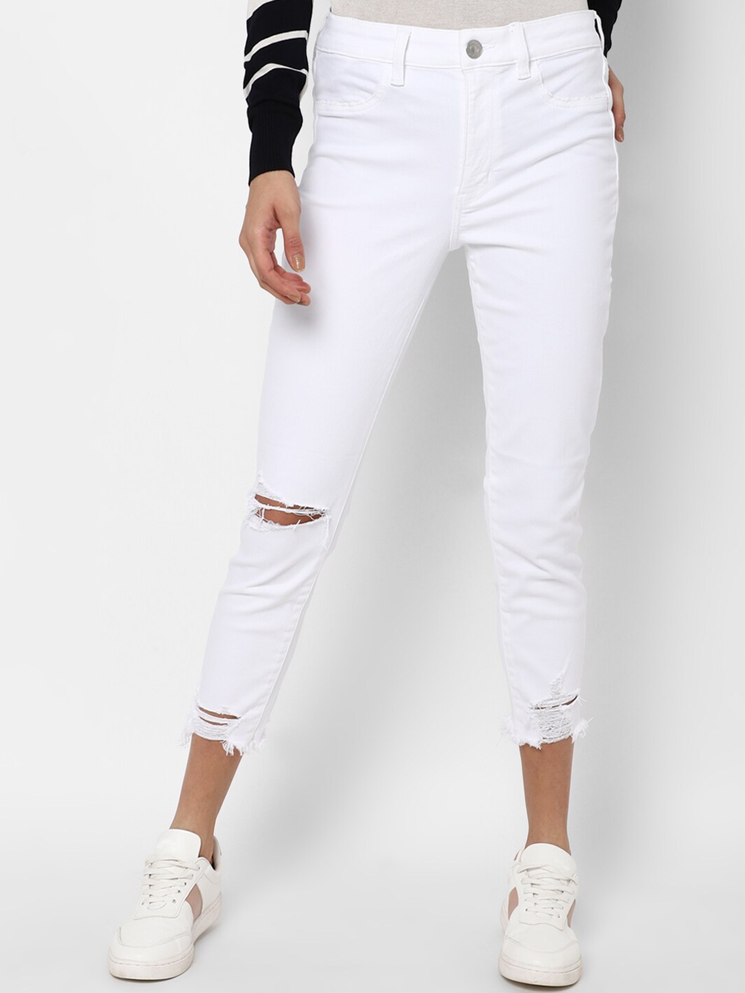 

AMERICAN EAGLE OUTFITTERS Women White Slim Fit High-Rise Mildly Distressed Jeans