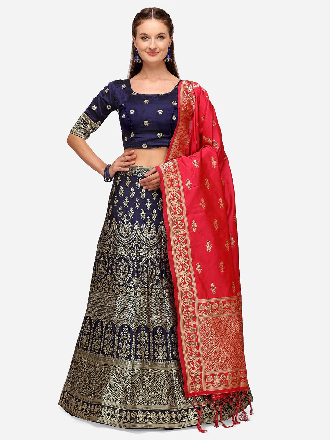 

JATRIQQ Blue & Red Semi-Stitched Lehenga & Unstitched Blouse With Dupatta