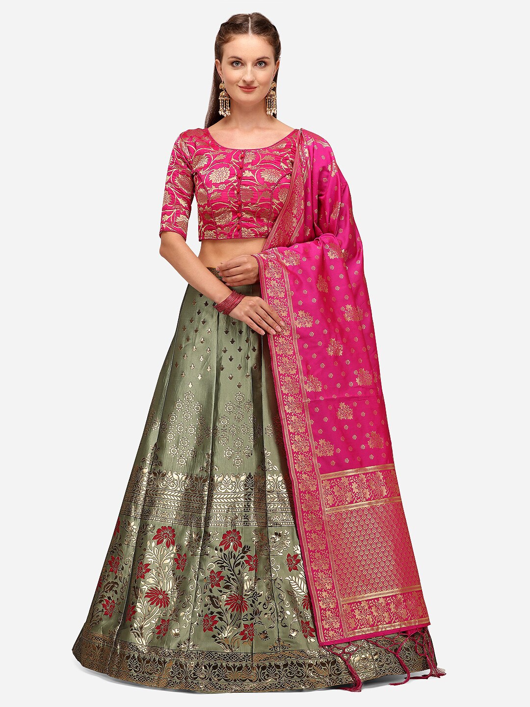 

JATRIQQ Sea Green & Magenta Semi-Stitched Lehenga & Unstitched Blouse With Dupatta