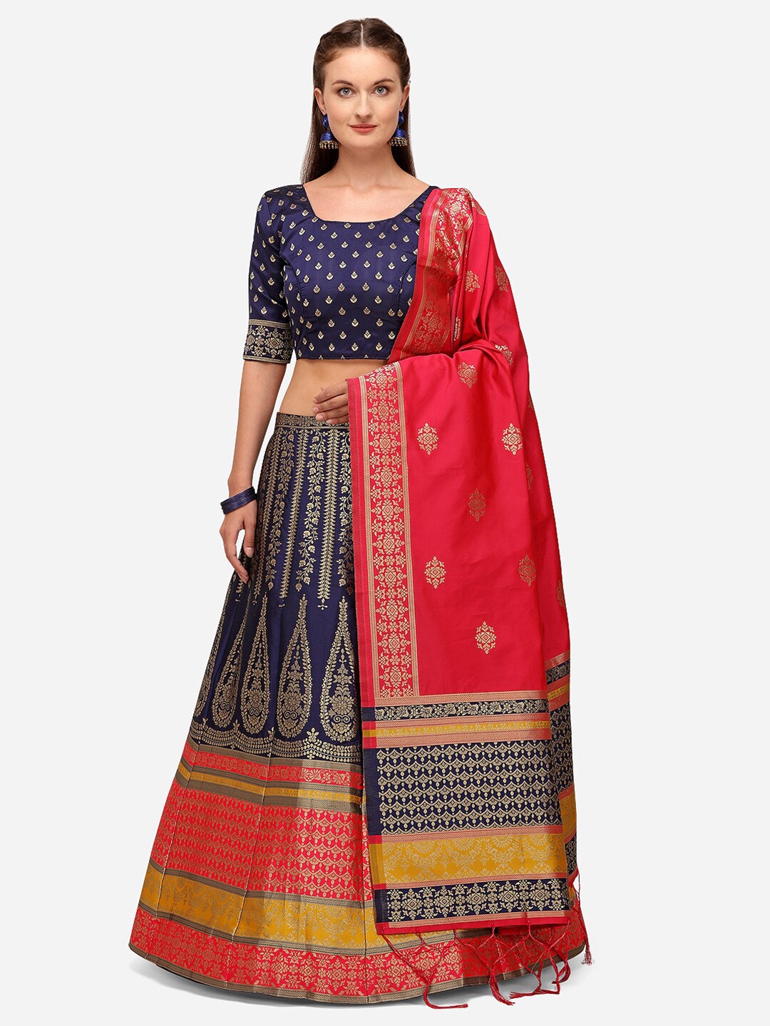 

JATRIQQ Blue & Gold-Toned Semi-Stitched Lehenga & Unstitched Blouse With Dupatta