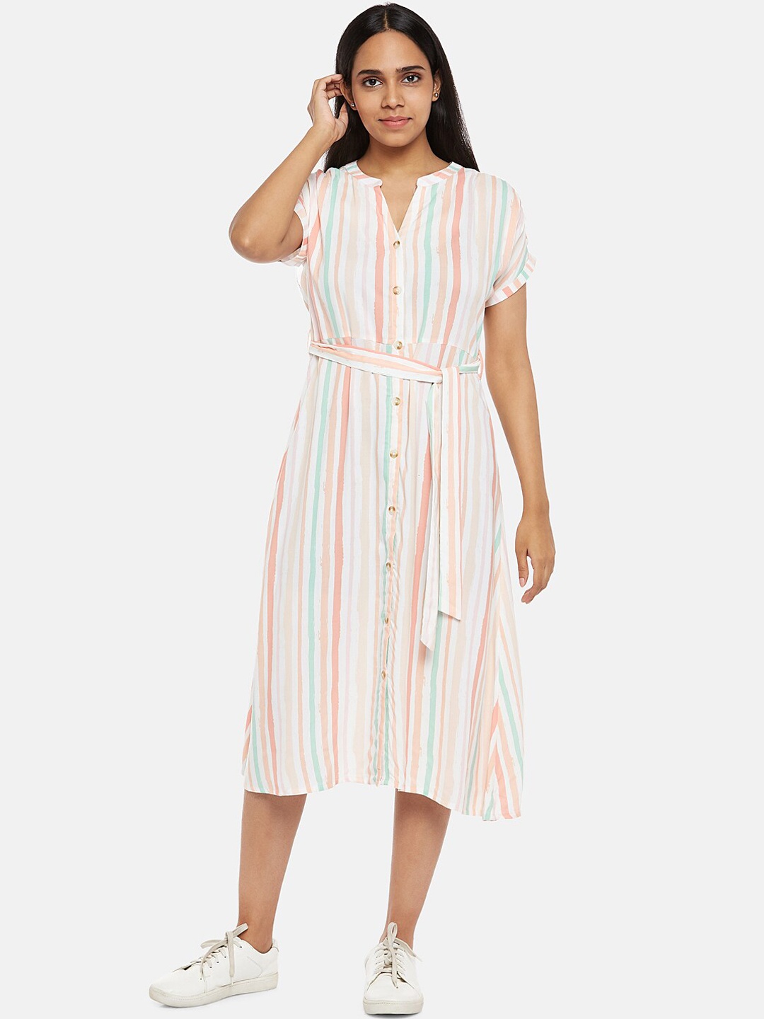 

Honey by Pantaloons Women Off White Striped Shirt Midi Dress