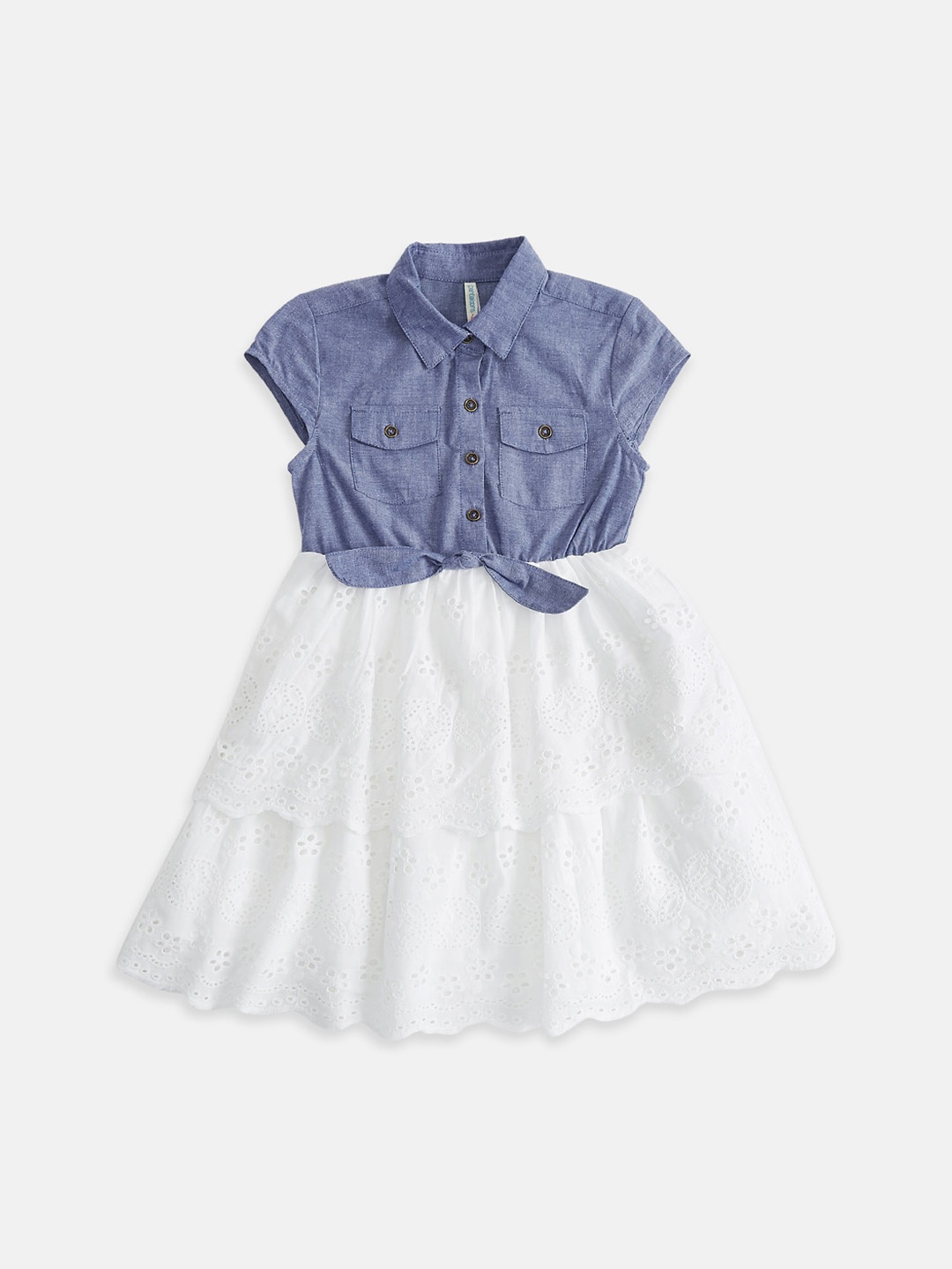 

Pantaloons Junior Girls Blue and White Colourblocked Schiffli Fit & Flare Dress