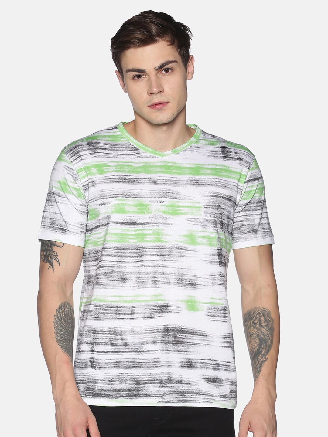

UrGear Men White & Green Striped V-Neck T-shirt