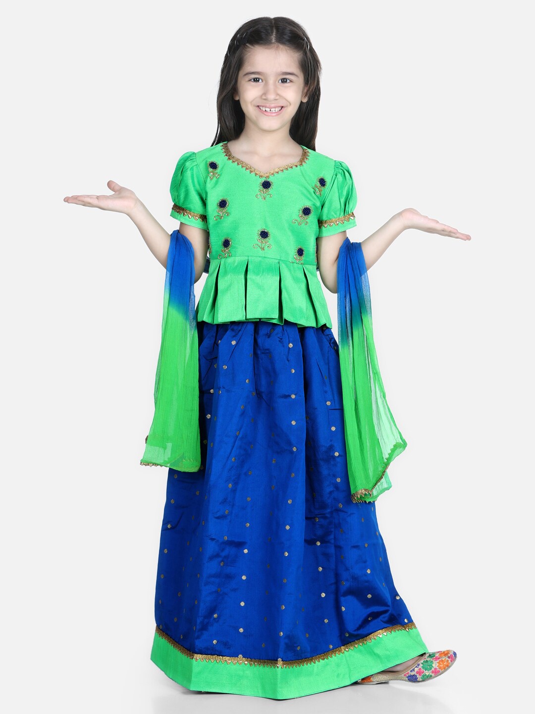 

BownBee Girls Green & Blue Embellished Ready to Wear Lehenga & Blouse With Dupatta Set