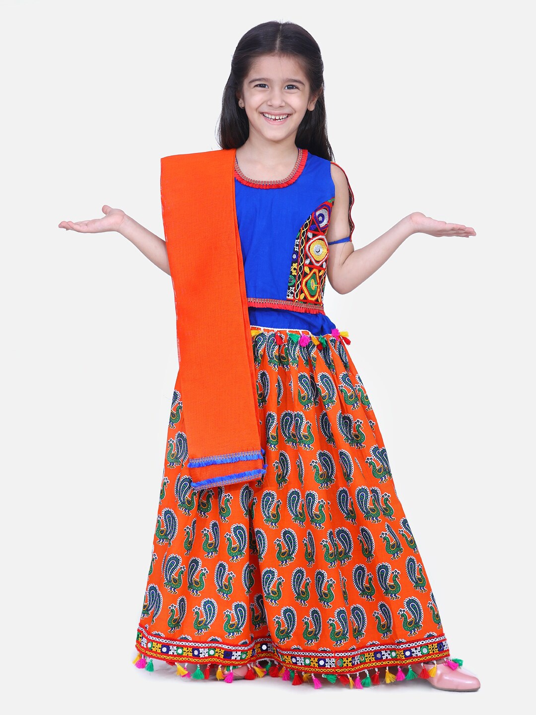 

BownBee Girls Orange & Blue Peacock Printed Lehenga Choli & Dupatta