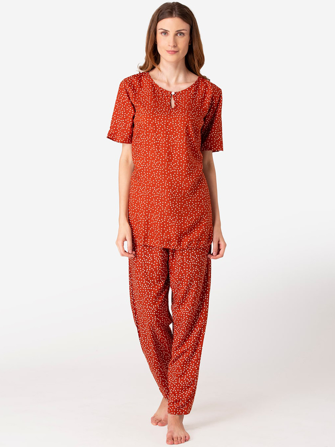 

Fluffalump Women Red & White Polka Dots Printed Night Suit