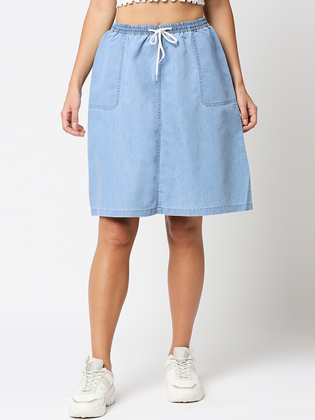 

High Star Women Blue Solid A-Line Knee-Length Skirt