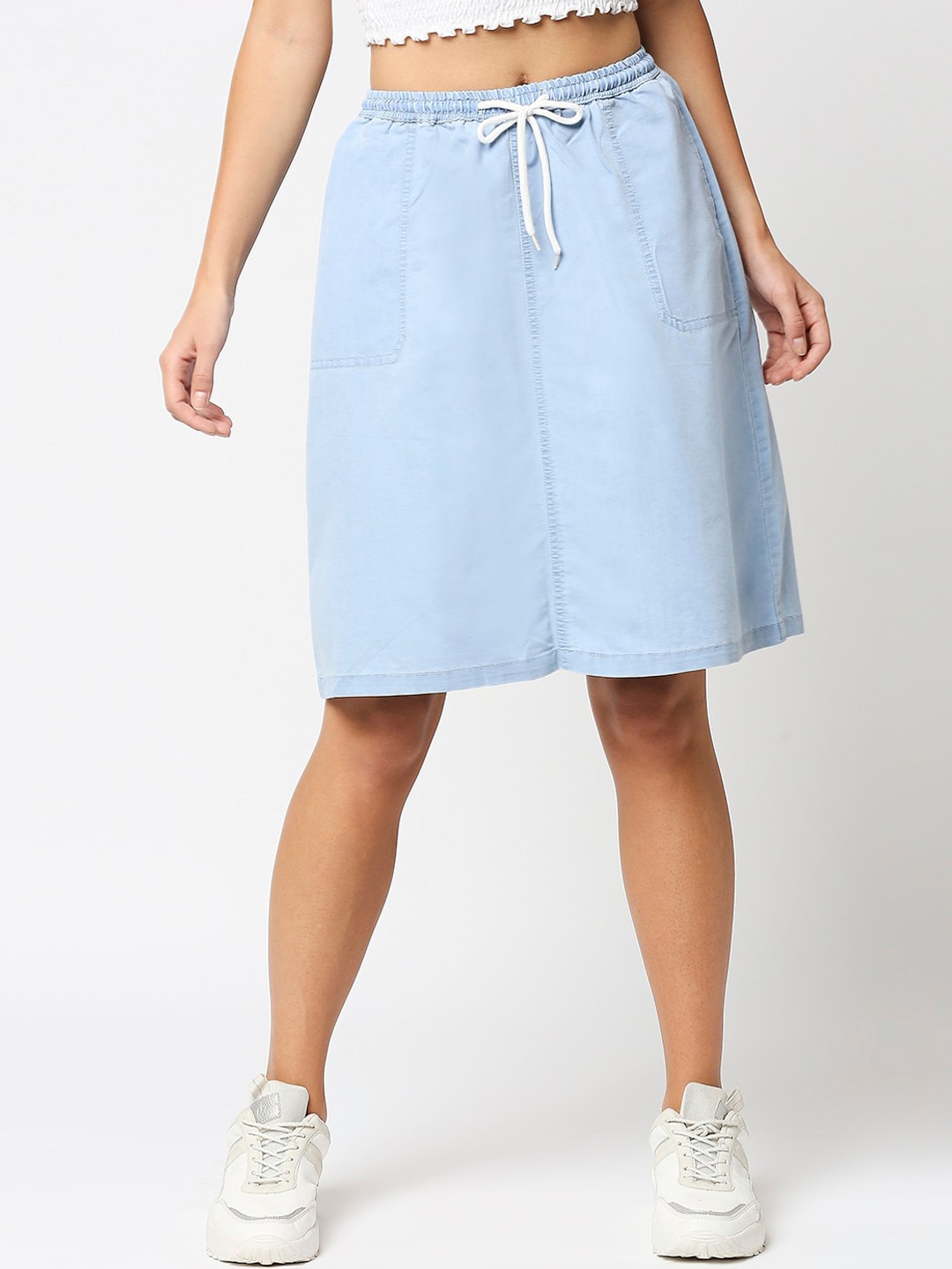 

High Star Women Blue Washed A-Line Knee-Length Skirt