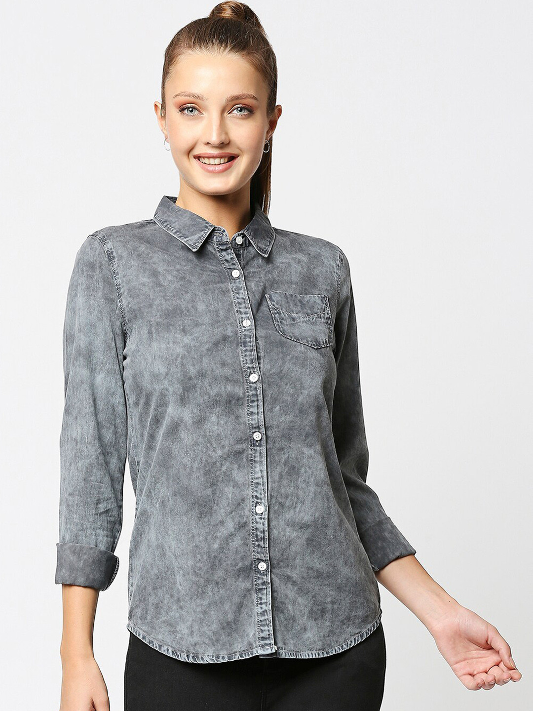 

High Star Women Grey Faded Opaque Faded Casual Shirt