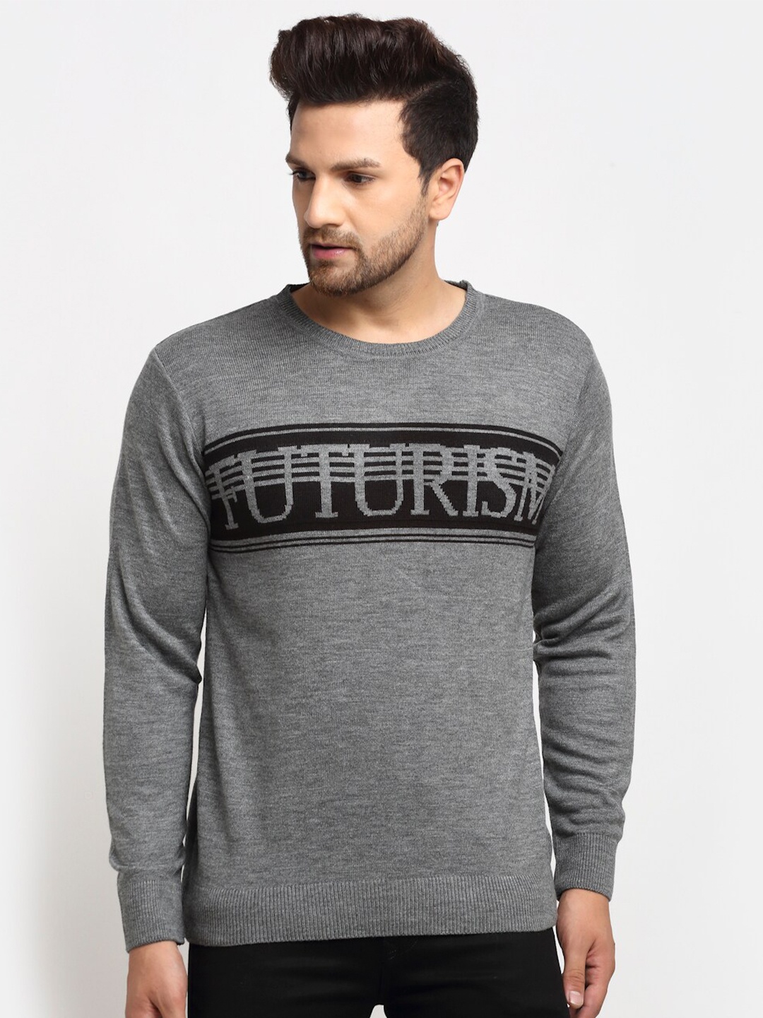 

Club York Men Grey & Black Typography Printed Pullover