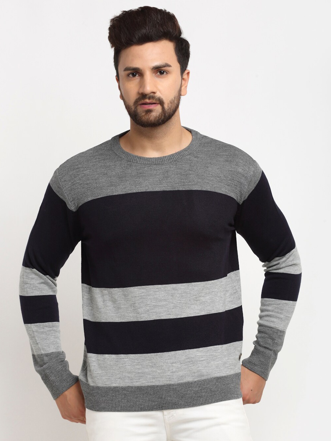

Club York Men Black & Grey Striped Pullover