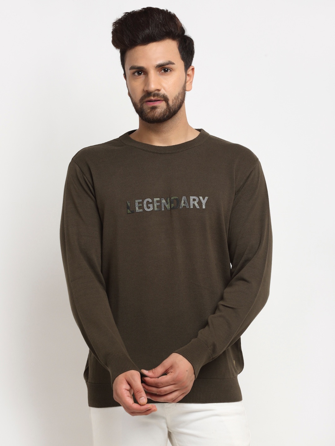 

Club York Men Olive Green & Grey Typography Printed Pullover