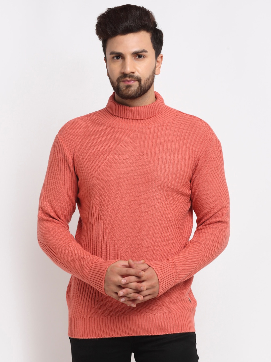 

Club York Men Peach-Coloured Cable Knit Pullover