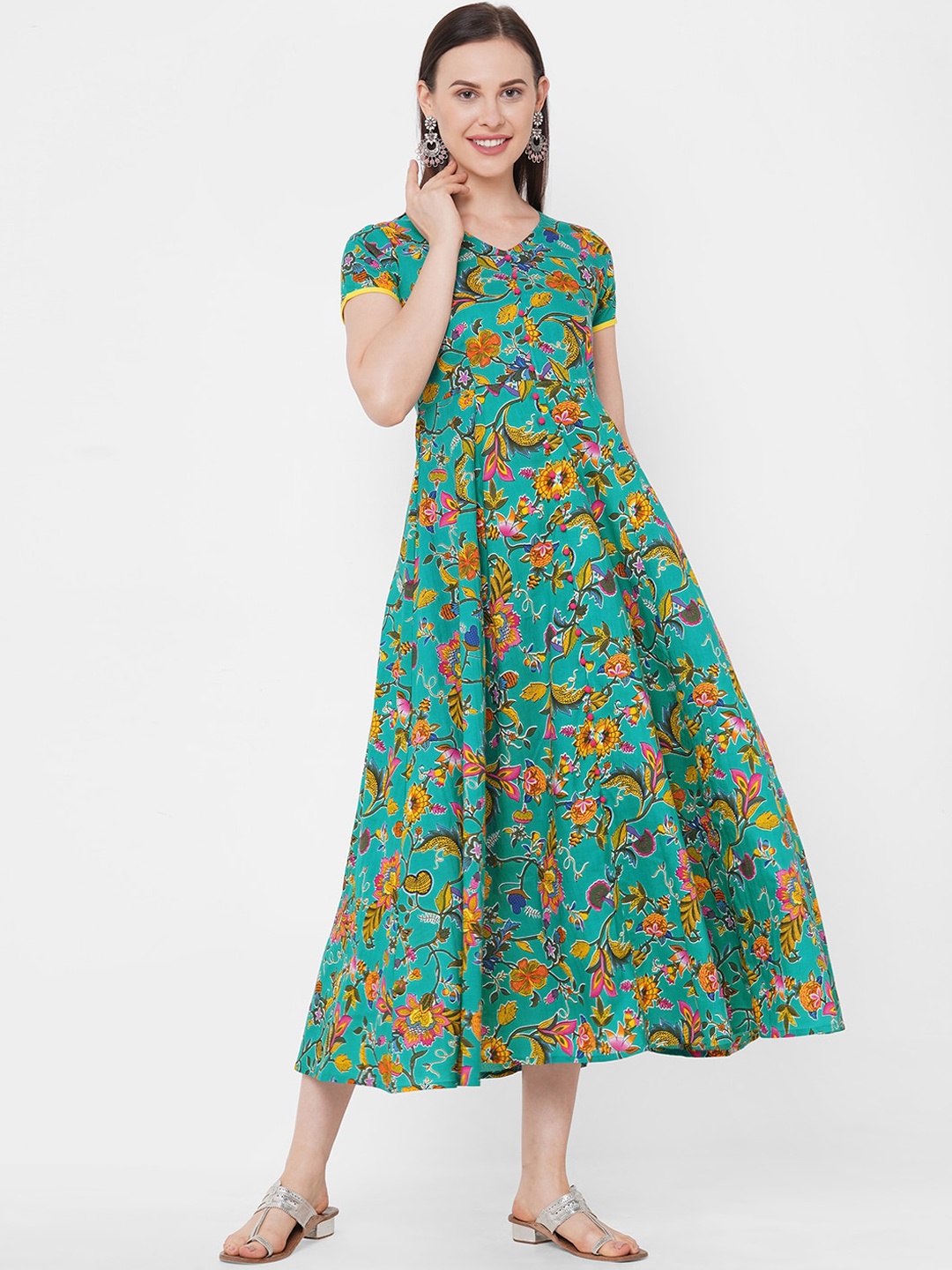 

Aprique FAB Women Green & Mustard Yellow Pure Cotton Floral Printed Anarkali Kurta