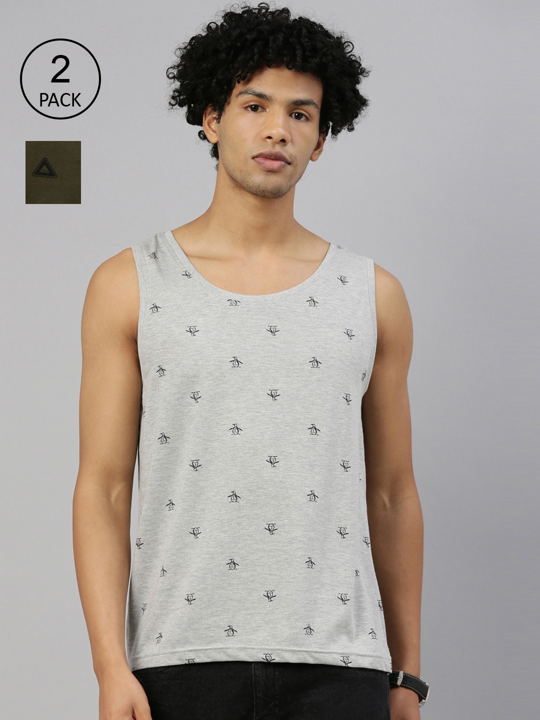 

Kryptic Men Grey Melange & Olive Green 2 Printed T-shirt