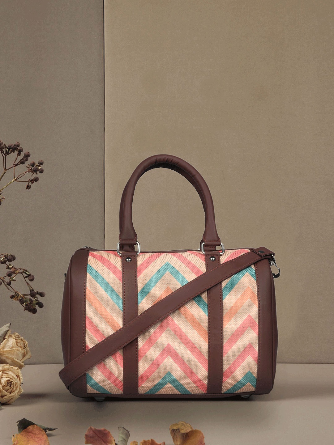 

ZOUK Peach-Coloured Geometric Printed Structured Handheld Bag