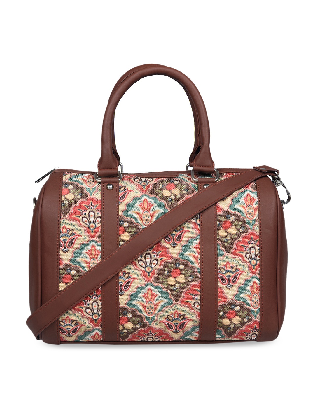 

ZOUK Peach-Coloured Floral Oversized Structured Handheld Bag with Cut Work