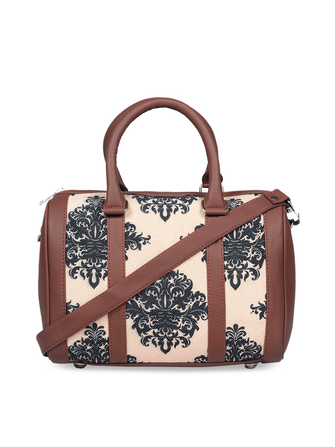 

ZOUK Peach-Coloured Floral Printed Structured Handheld Bag