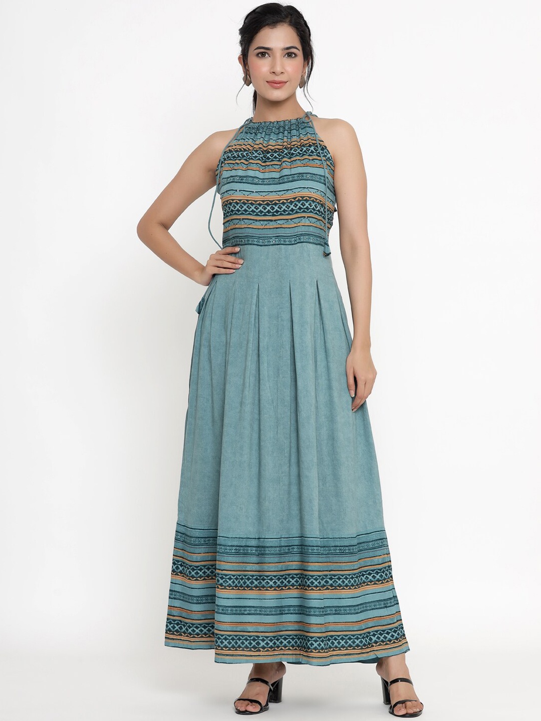

DIVYANK Women Teal Coloured Ethnic Motifs Printed Pleated Maxi Dress