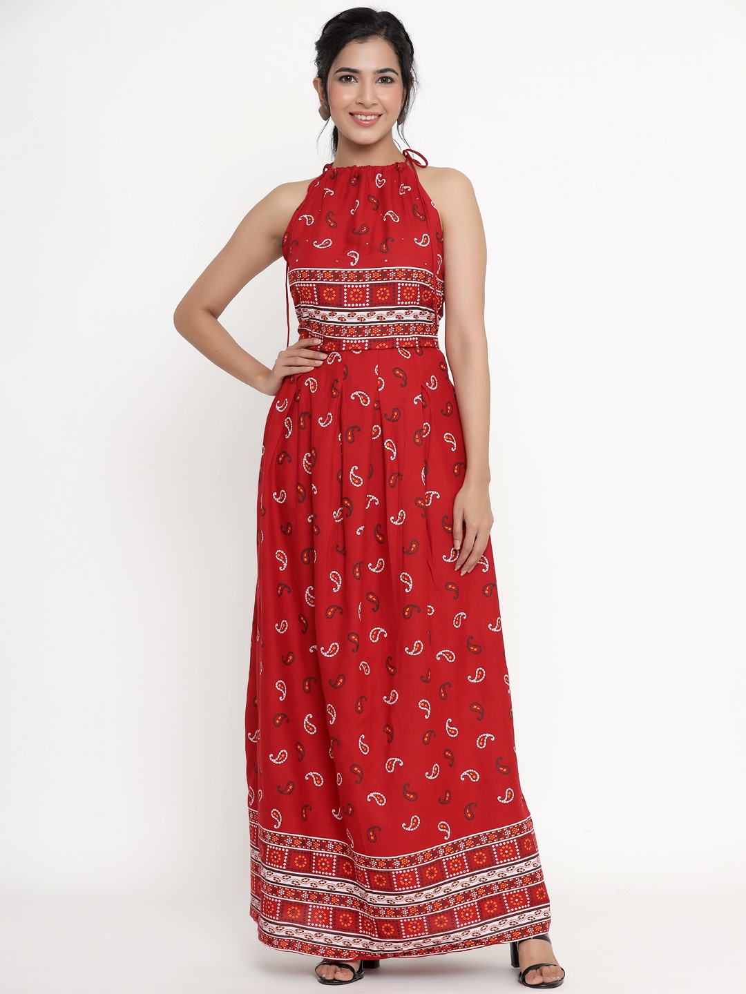 

DIVYANK Red Floral Chiffon Maxi Dress