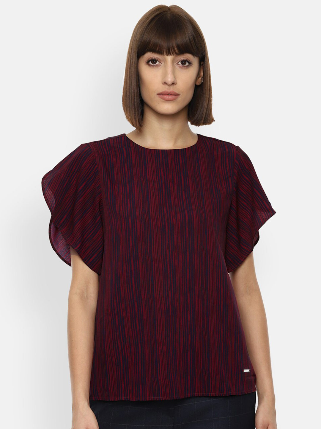 

Van Heusen Woman Maroon Striped Flared Sleeves Regular Top