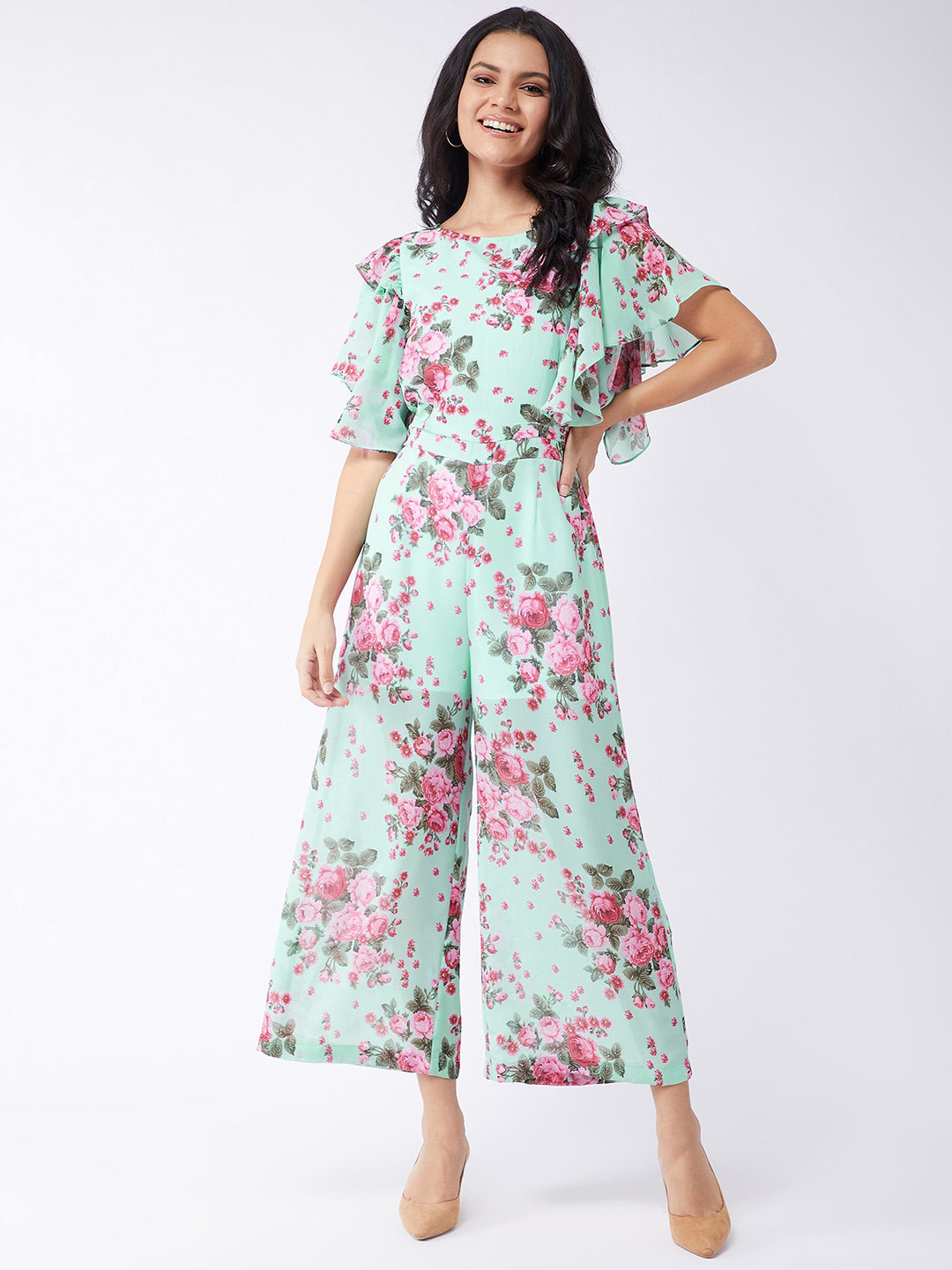 

Zima Leto Blue & Pink Printed Basic Jumpsuit with Ruffles