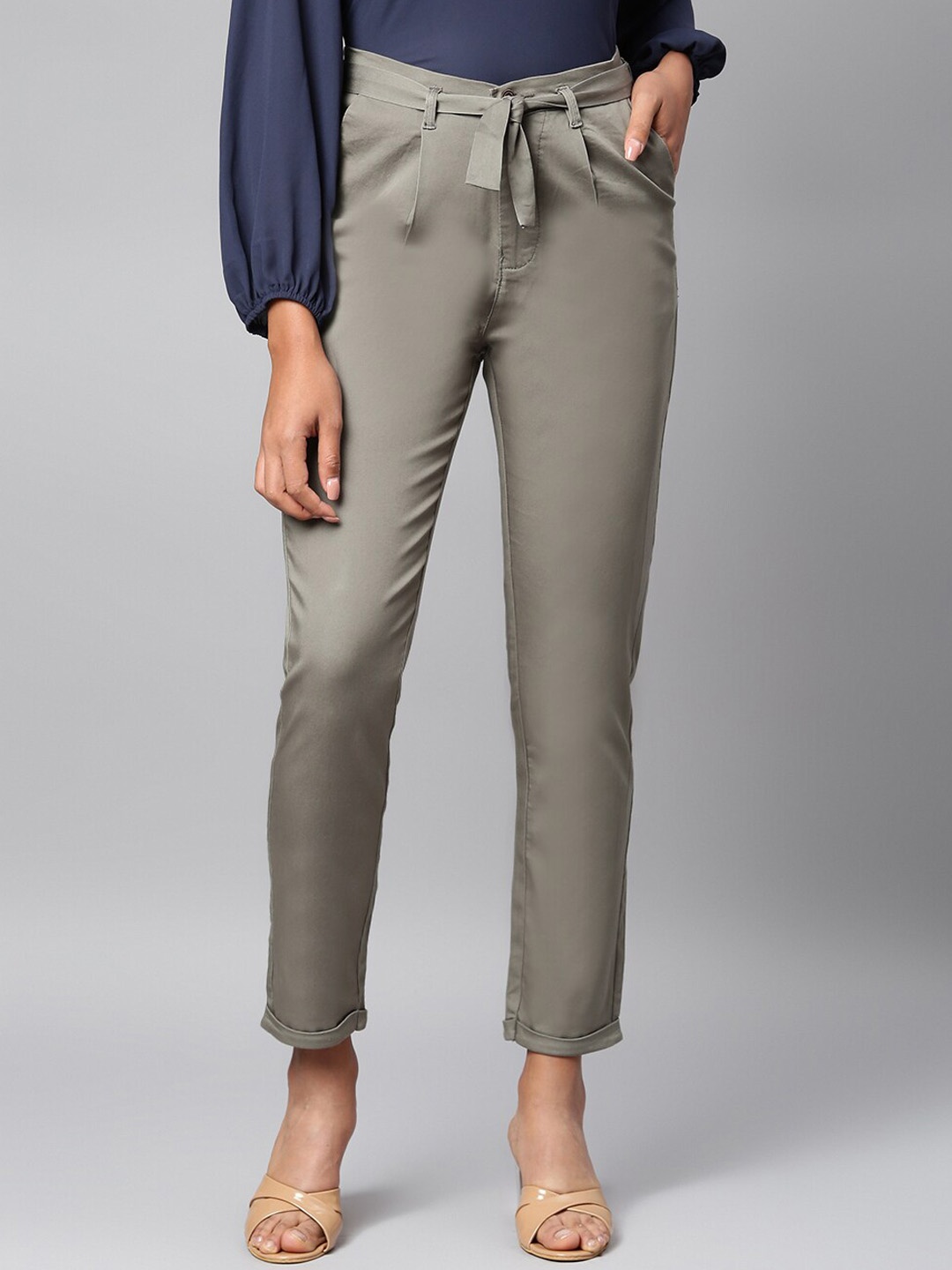 

Code 61 Women Olive Green Slim Fit High-Rise Trousers