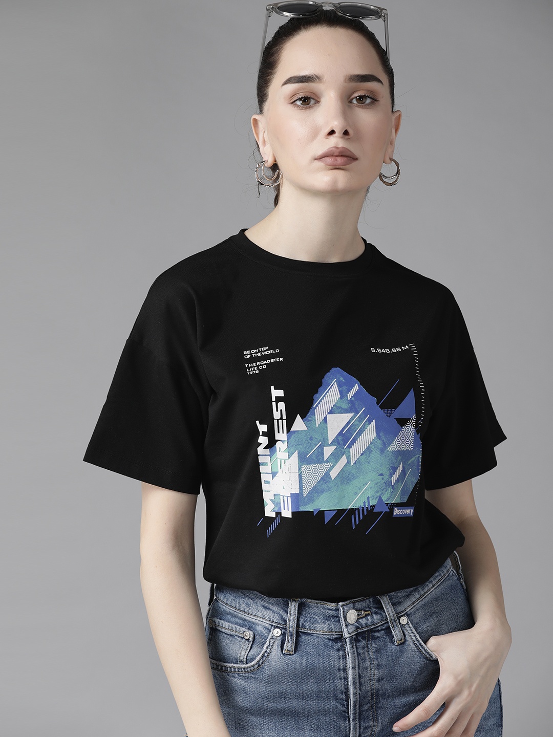 

Roadster X Discovery Adventures Women Black & Blue Printed Antimicrobial T-shirt