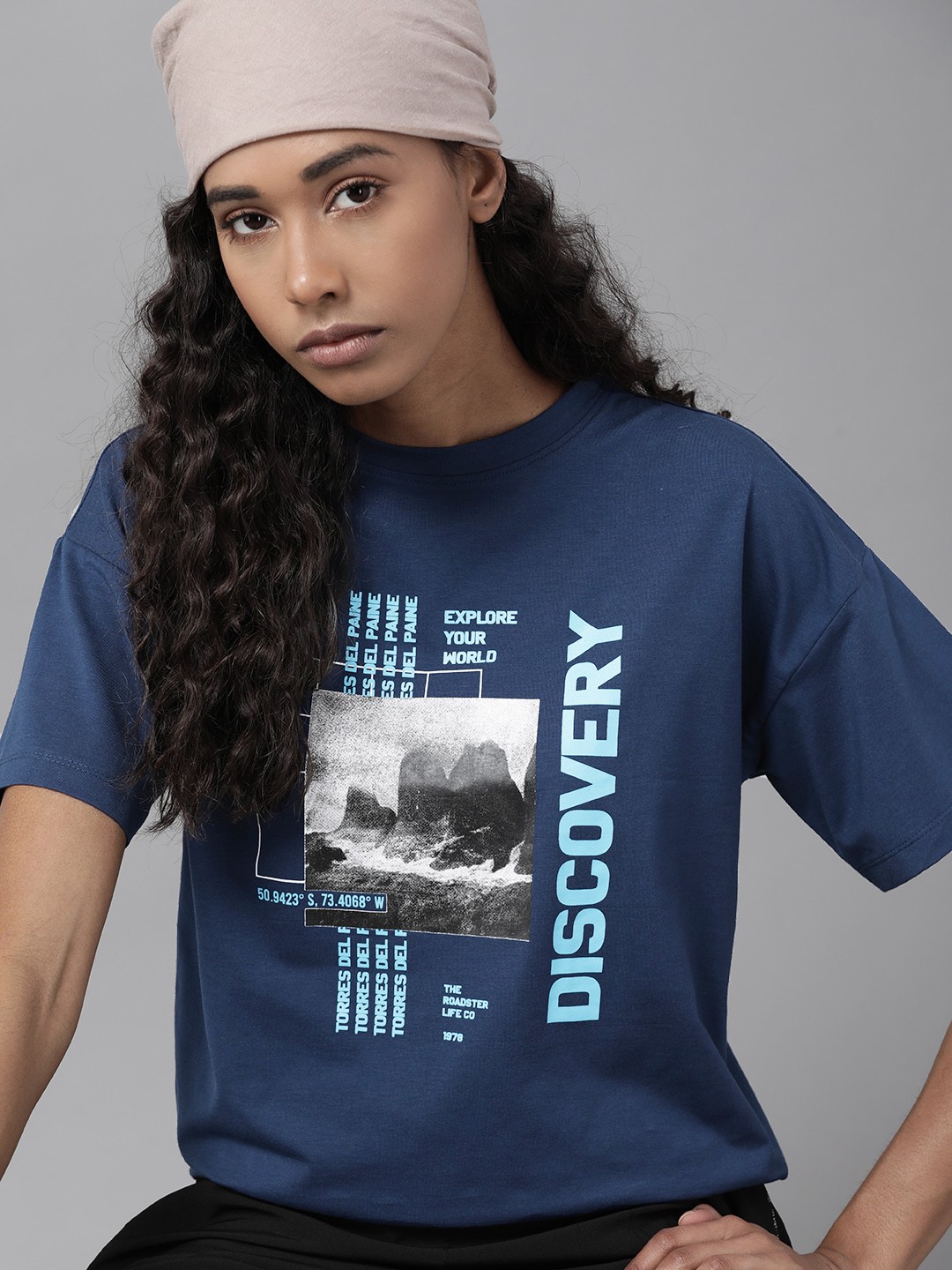 

Roadster Women Navy Blue Typography Printed T-shirt