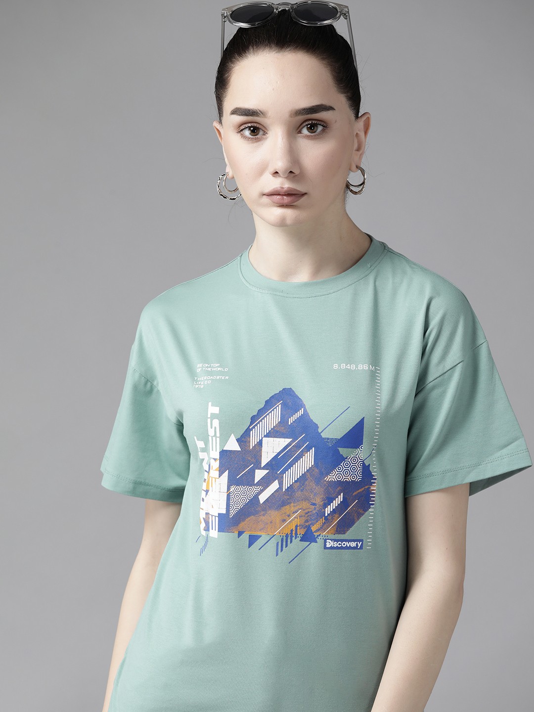 

Roadster X Discovery Adventures Women Sage Green & Blue Printed T-shirt