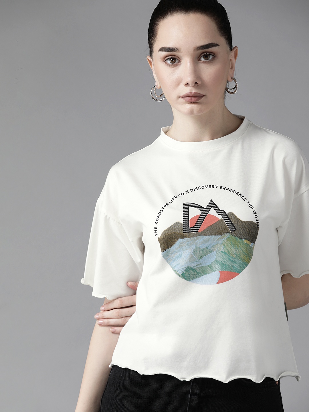 

Roadster X Discovery Adventures Women White & Blue Printed Antimicrobial T-shirt