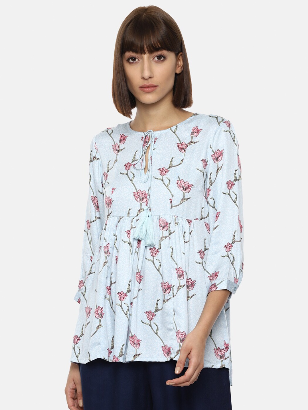 

Van Heusen Woman Blue Floral Keyhole Neck Regular Top
