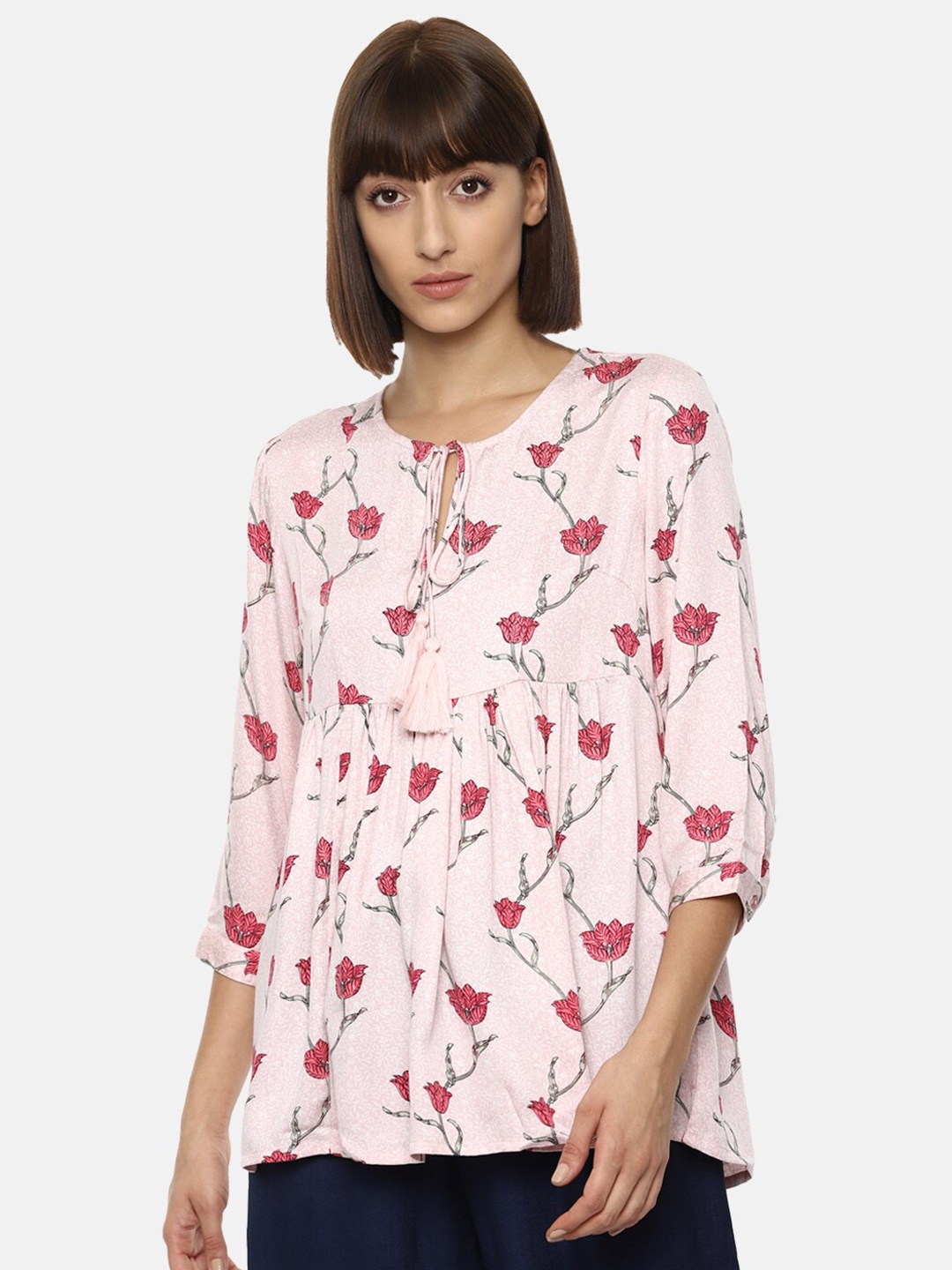 

Van Heusen Woman Pink Floral Tie-Up Neck A-Line Top