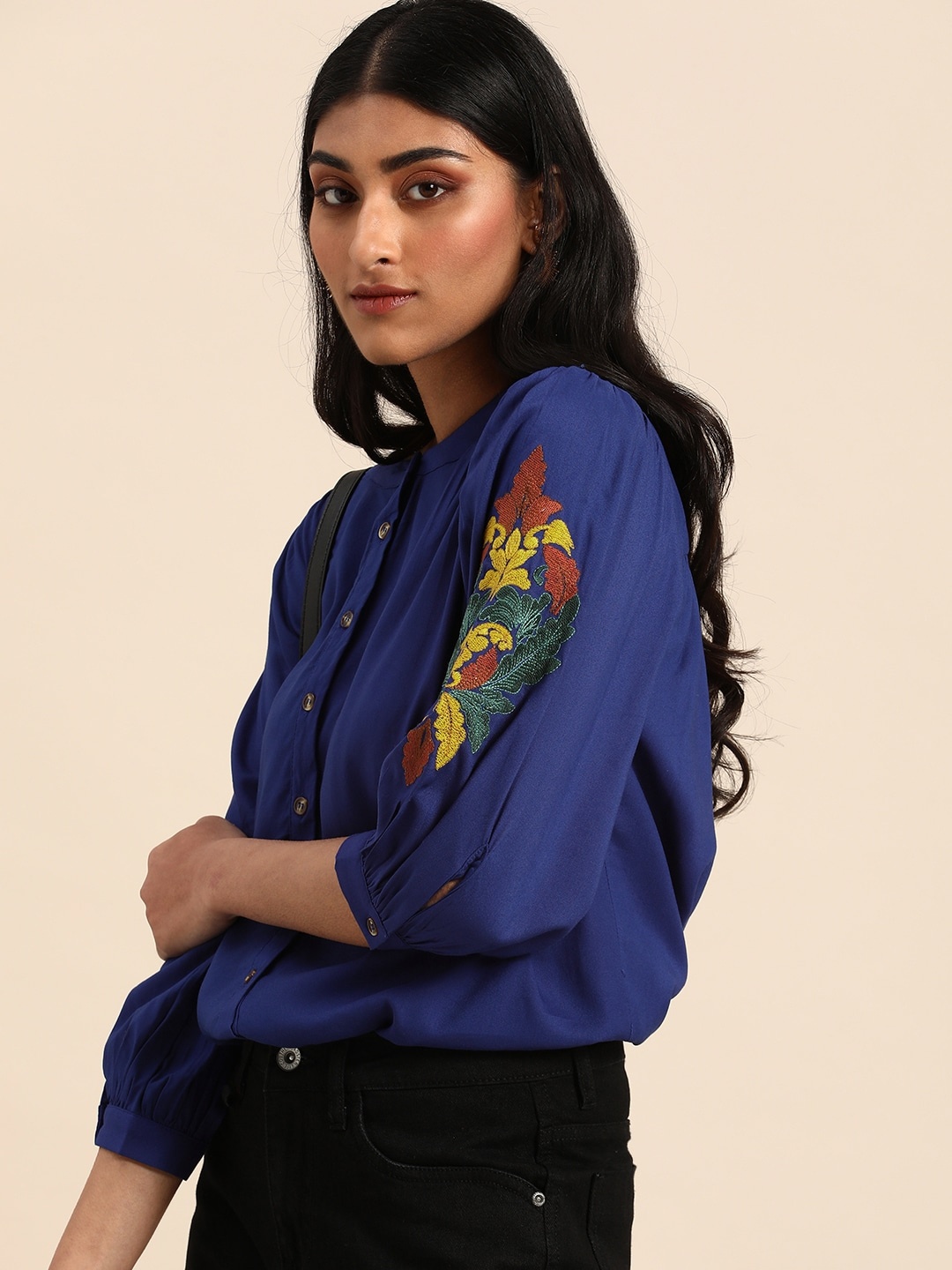 

all about you Blue Mandarin Collar Embroidery Detail Top